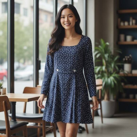 Vintage Betsey Johnson Mini Dress. Navy White Polka Dot Long Sleeve A Line Sz M - Picture 10 of 10